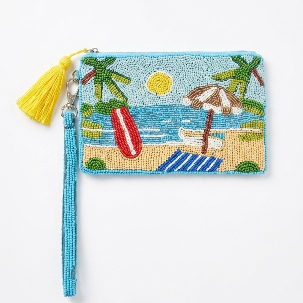 Sol and Mer Handcrafted Seed Bead Beach Horizon Scene Wristlet Pouch Blue 8x5